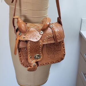 Vintage Tooled Leather Saddle Handbag